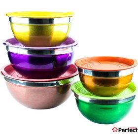 تصویر لگن استیل رنگی درب دار 5 تیکه Color steel basin with 5 pieces lid