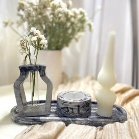 تصویر دکوری و اکسسوری بتنی سفید و مشکی برای میز دکور 