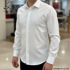 تصویر پیراهن مردانه پارچه آرو کجراه رنگ سفید آستین بلند کد 42593 