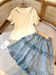 تصویر ست جین تیشرت و شلوارک دامنی 