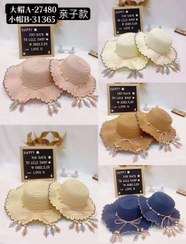 تصویر کلاه حصیری ست مادر فرزندی ساحلی برگ 