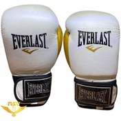 تصویر دستکش بوکس چرم طبیعی طرح اورلست EVERLAST سفید طلایی 12 اونس 