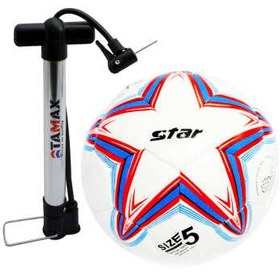تصویر توپ فوتبال مدل استار سفید قرمز همراه با تلمبه تامکس سایز 5 