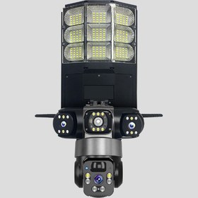 تصویر دوربین مداربسته سولار سیم‌کارتی V380 سه لنز پروژکتور دار 