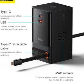 تصویر شارژر رومیزی بیسوس مدل PSLR000001 به همراه کابل USB-C ا Baseus PowerCombo Digital PowerStrip 3AC+1U+1C+Retractable-C 65W Baseus PowerCombo Digital PowerStrip 3AC+1U+1C+Retractable-C 65W