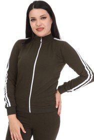 تصویر ست لباس راحتی زنانه آستین بلند زیپدار نواری کنار یشمی ورزشی سایز بزرگ برند Koza Butik کد 1610025781 