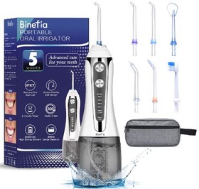 تصویر واترجت شست و شوی دهان و دندان Binefia با مخزن 300 میلی لیتری قابل حمل Cordless Water Dental Flosser for Teeth with 5 Modes, 2 in 1 Portable Oral Irrigator & Toothbrush with 6 Tips, 300ML, IPX7 Waterproof, USB Rechargeable Water Pick Teeth Cleaner for Braces & Bridges