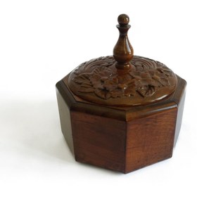 تصویر قندون چوبی منبت کاری شده طرح گل و بلبل رنگ تیره 