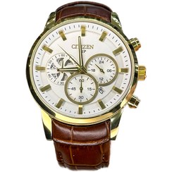 تصویر خرید قسطی | ساعت مچی مردانه سیتیزن چرم قهوه ای قاب طلایی کرنوگراف G9235/3 