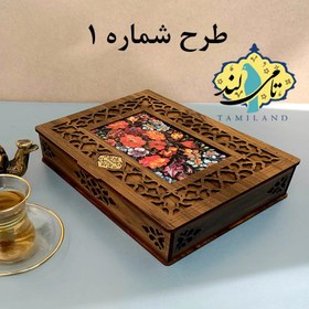 تصویر جعبه دمنوش و تنقلات چوبی شش خانه طرح حوض فیروزه 