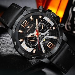 تصویر ساعت مچی مردانه بند چرمی فنجین FNGEEN ضدآب - تمام مشکی FNGEEN