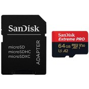تصویر کارت حافظه MicroSDXC سن دیسک مدل Extreme PRO کلاس 10 استاندارد UHS-I U3 A2 V30 سرعت 200 مگابایت بر ثانیه ظرفیت 64 گیگابایت به همراه آداپتور SD SanDisk MicroSDXC Extreme PRO Class 10 UHS-I U3  A2 V30 Speed 200MB/s 64GB Memory Card + SD Adaptor
