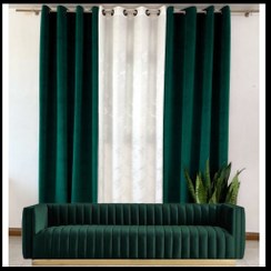 تصویر پک پرده آماده ۳ تیکه مخمل کالیفرنیا سبز درباری و کرپ محو 