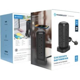 تصویر هاب شارژی 12 پورت پاورولوژی Powerology 12 AC Sockets GaN Tower Hub Charge UpTo 17 Devices 3M 