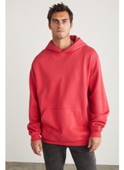 تصویر سویشرت صورتی مردانه جاردل با کلاه و جیب کانگورویی داخلی برند grimelange Jardel Men's Hooded Fleece Inside Kangaroo Pocket Pink Sweatshirt