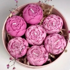 تصویر شمع گل پیونی صورتی در ظرف گرد سفید 