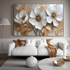 تصویر تابلو دکوراتیو لوکس و مدرن طرح گل و برگ طلایی | هنر دیواری شیک 