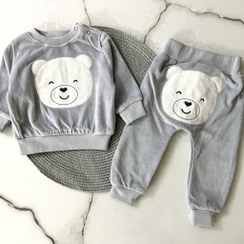 تصویر بلوز شلوار مخمل خرس طوسی سایز ۲ تا ۳ سال پسرانه و دخترانه 