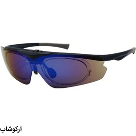 تصویر عینک ورزشی OAKLEY با فریم و دسته سرمه‌ای، لنز آینه‌ای چند رنگ و طرح لنز بالارونده مدل BL5809 