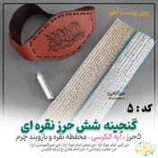 تصویر گنجینه 6 حرز ( حرز کبیر و صغیر امام جواد(ع) ، حرز امیرالمومنین(ع) ، حرز حضرت زهرا (س) ، حرز امام هادی (ع) و آیه الکرسی ) روی پوست آهو ، محفظه نقره حکاکی شده و بازوبند چرم 