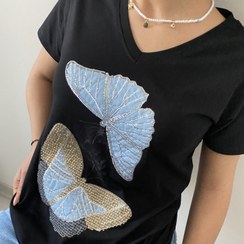 تصویر تیشرت پولک دوزی لادرا طرح دو پروانه کد T145 