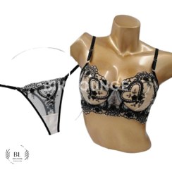 تصویر ست لباس زیر تور شیشه‌ای فنردار قلب مشکی 