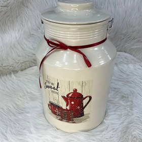 تصویر ظرف روغن بانکه سطل شیر دبه روغن سایز 3 لیتر 3 کیلو از جنس روحی با رنگ کوره کرم رنگ و دسته چوبی 