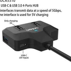 تصویر هاب 4 پورت Type-C و USB 3.0 اونتن مدل OTN-UCA2310 با 4 پورت USB-A دارای پورت Type-C تامین برق 