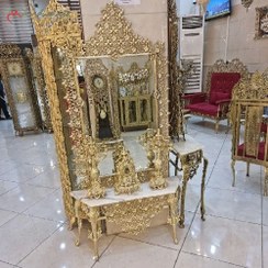 تصویر ست بسیار زیبای آینه شمعدان برنجی با آبکاری فورتیک و رویه سنگ مرمر کار آنتیک و سنگین 
