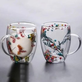 تصویر لیوان دوجداره گلدار پیرکس جفتی Pyrex floral double-walled glass