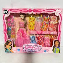 تصویر اسباب بازی عروسک باربی با ۸ دست لباس و وسایل 