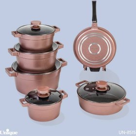 تصویر سرویس قابلمه چدن 12 پارچه یونیک مدل دیاموند _ رزگلد cast iron pot service, 12 cloths, diamond model, rose gold