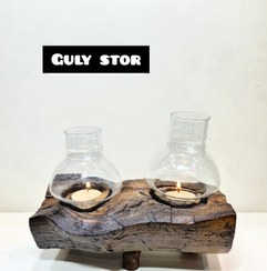 تصویر شمعدان کنده چوب دو حباب 