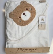 تصویر حوله کلاهدار(کلاه دار) نوزادی طرح خرس تدی پوزه سفید برند ماماسی Mamasee سیسمونی مانی نی Mamasee