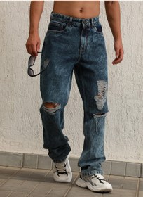 تصویر شلوار جین مردانه اندیکو با فیت راست و طراحی بسیار فرسوده و رنگ روشن برند hubberholme Indigo Straight Fit Highly Distressed Light Fade Jeans for Men