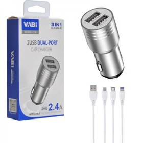 تصویر شارژر فندکی 12 وات دو پورت کابل اندروید/آیفون/تایپ سی وابی (VABI) مدل C16 VABI lighter charger model C16