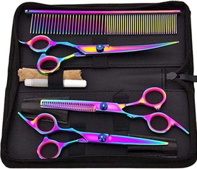 تصویر ست قیچی 7 رنگارنگ آرایش و اصلاح موی حیوانات خانگی برند: ELECDON کد : N 140 Set of colorful pet hair scissors Brand: ELECDON Code: N 140