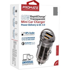 تصویر شارژر فندکی 65 وات پرومیت مدل TRANSDRIVE-65W با دو پورت USB-C و USB-A 65W RapidCharge™ Transparent Mini Car Charger with Power Delivery & QC 3.0