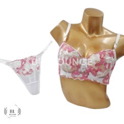 تصویر ست لباس زیر گیپور زنانه گل‌دوزی سفید و صورتی 