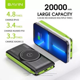 تصویر پاوربانک وایرلس 20000 مگ سیف باوین Bavin PC067 توان 22.5 وات و کابل متصل 