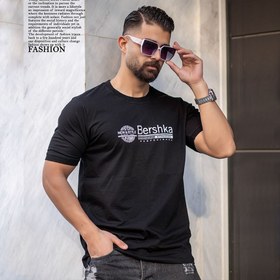 تصویر تیشرت مردانه Bershka برشکا رنگ مشکی نخ پنبه آستین و یقه کشی Barshka men's black t-shirt