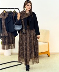 تصویر ست سه تیکه کت و دامن و شال زنانه مجلسی مازراتی و تور 