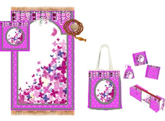 تصویر پک حورا ست پنج تیکه سجاده ، جانماز ، کیف و جامدادی (جامهری ، کیف متبرک) ویژه جشن تکلیف جنس مخمل مبلی و چاپ سابلیمیشن