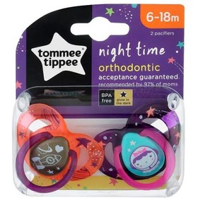 تصویر پستانک ارتودنسی 6-18 ماه night time تامی تیپی Tommee Tippee طرح موشک و دختر 