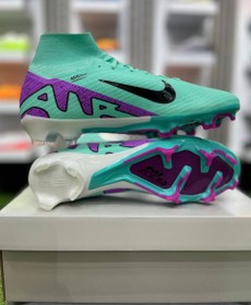 تصویر کفش فوتبال نایک ایرزوم ویپور 15مرکوریال سوپرفلای۹ فیروزه ای بچه گانه nike airzoom vapor15 superfly9 nike airzoom vapor15 superfly9