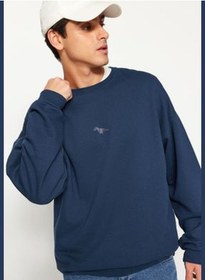 تصویر سویشرت مردانه آبی با یقه گرد بزرگ و نرم، دارای گلدوزی دایناسور. برند trendyol Indigo Men's Men's Oversized Crew Neck Soft Pillow Dinosaur Embroidery Sweatshirt.