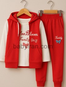 تصویر ست پوشاک دخترانه سه تکه هودی و شلوار و تیشرت رنگبندی دار 