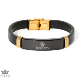 تصویر دستبند مردونه استیل و چرم دو رنگ Rolex 