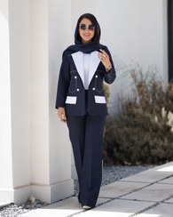 تصویر کت و شلوار مجلسی زنانه مدل آناشید رنگ مشکی و سرمه‌ای 