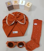 تصویر ست نوزادی توربان و جوراب و عینک آجری سایز ۰ تا ۶ ماه 